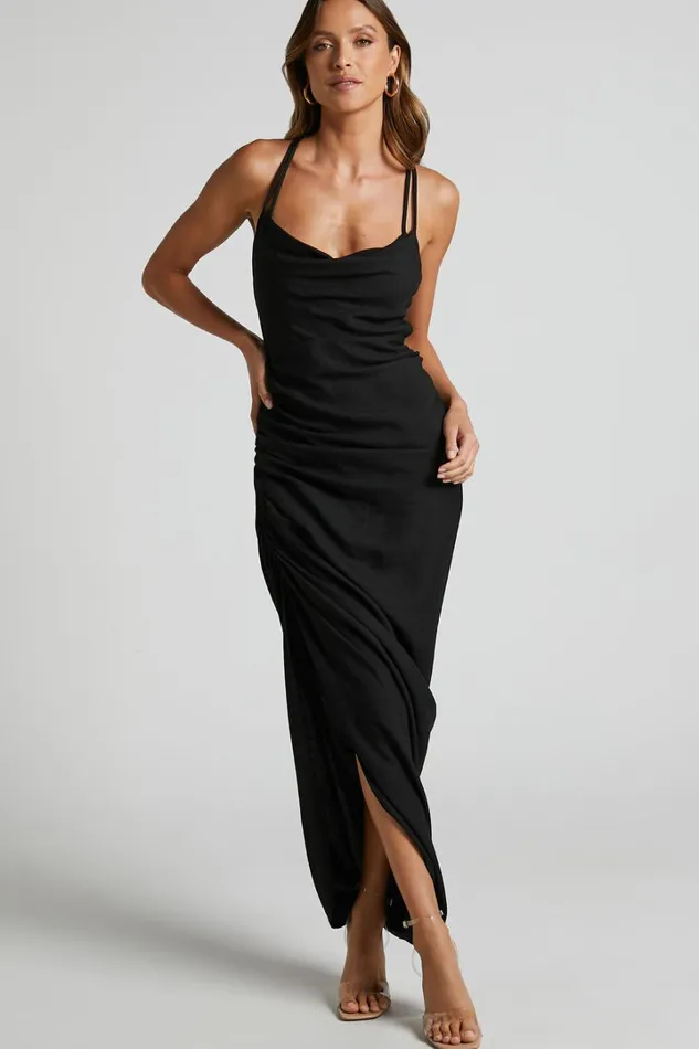 Khari Midi Dress 8211 Strappy Back Ruched Slip Dress In Black Women Showpo Dresses