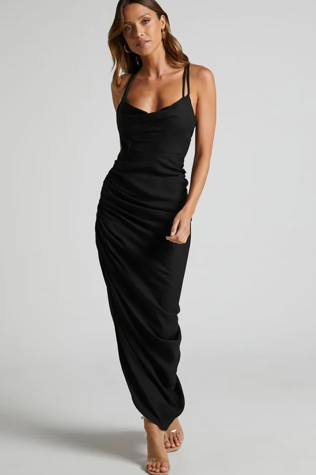 Khari Midi Dress 8211 Strappy Back Ruched Slip Dress In Black Women Showpo Dresses
