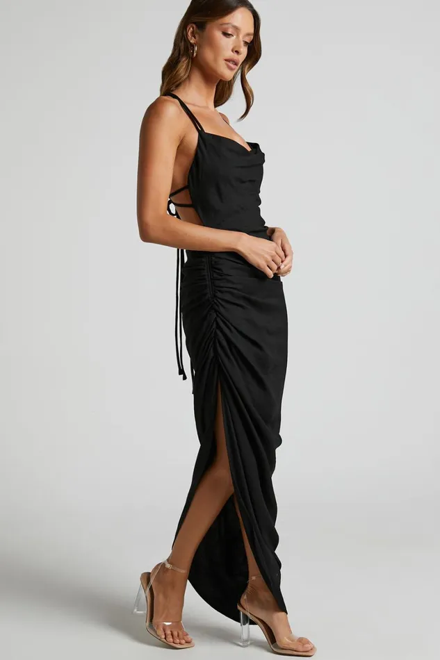 Khari Midi Dress 8211 Strappy Back Ruched Slip Dress In Black Women Showpo Dresses