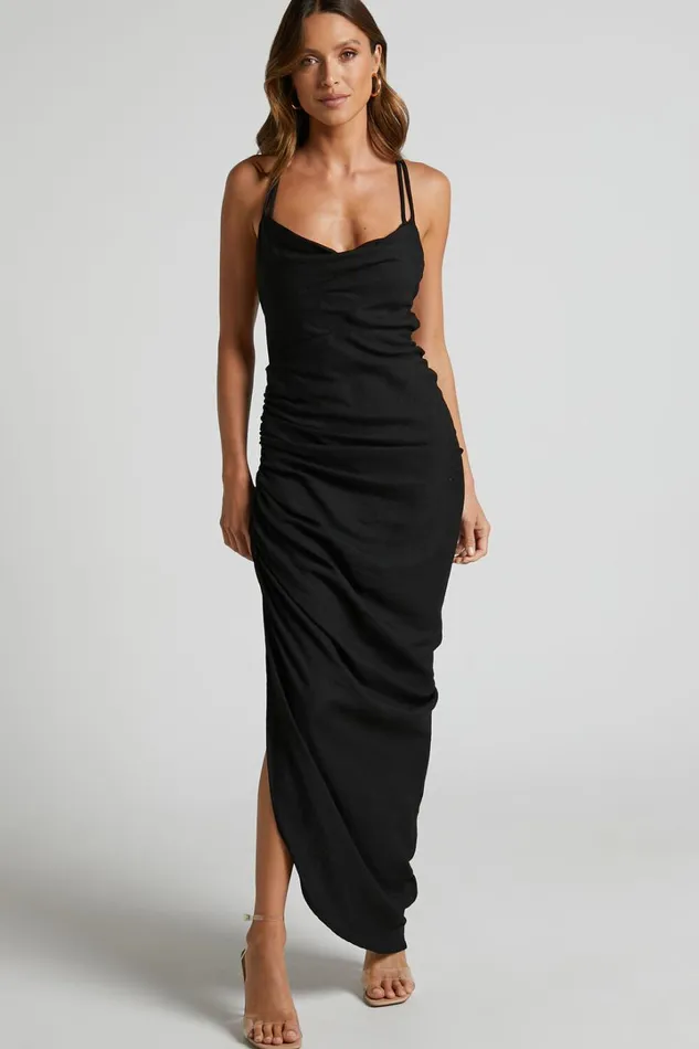 Khari Midi Dress 8211 Strappy Back Ruched Slip Dress In Black Women Showpo Dresses