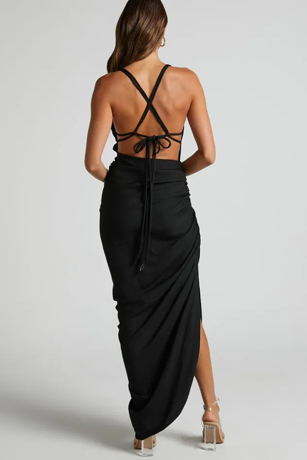 Khari Midi Dress 8211 Strappy Back Ruched Slip Dress In Black Women Showpo Dresses