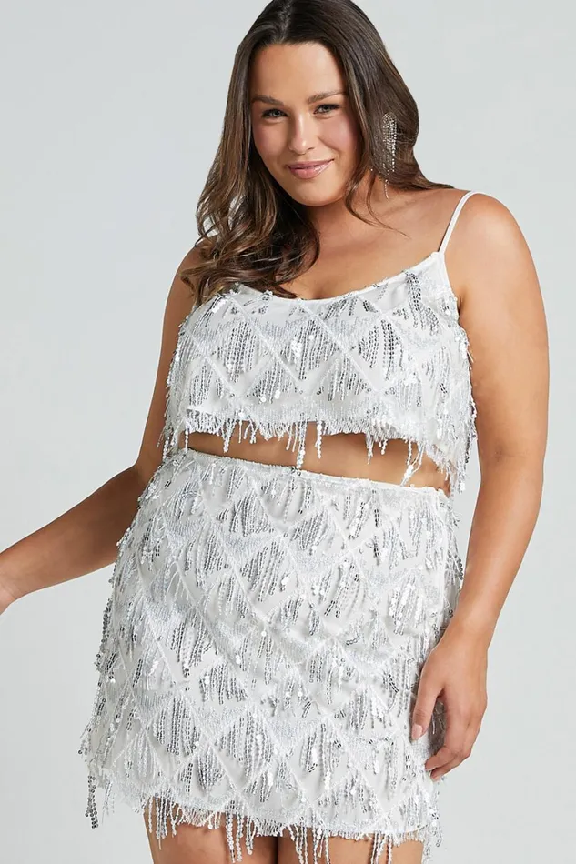 Khrizza Mini Skirt 8211 Sequin Diamond Mesh Skirt In WhiteSilver Women Showpo Skirts