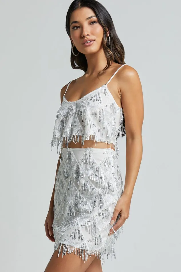 Khrizza Mini Skirt 8211 Sequin Diamond Mesh Skirt In WhiteSilver Women Showpo Skirts