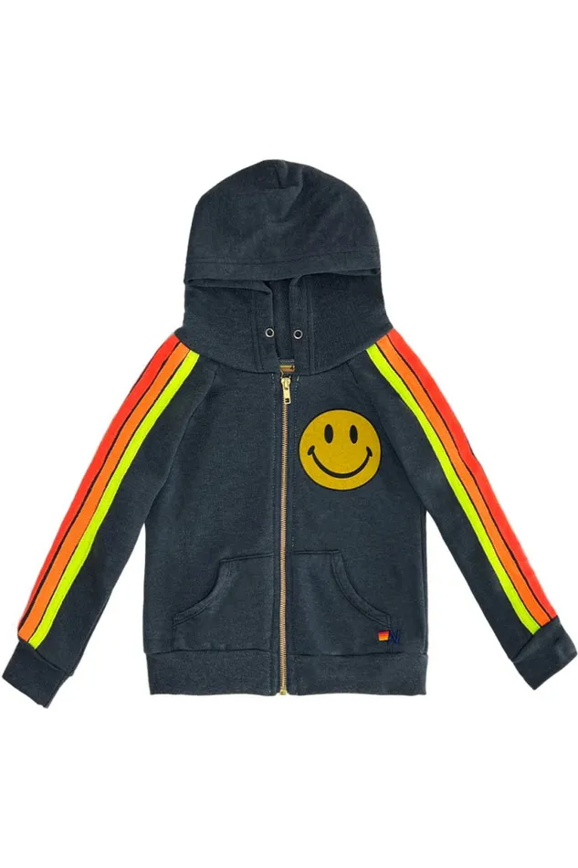 Kids KID039S 5 STRIPE SMILEY 2 ZIP HOODIE 8211 CHARCOAL NEON RAINBOW Aviator Nation