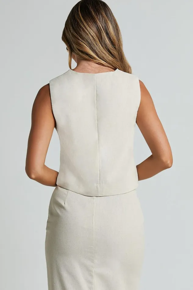 Kiraye Top 8211 Linen Look Button Through Vest In Natural Women Showpo Curve Clothes