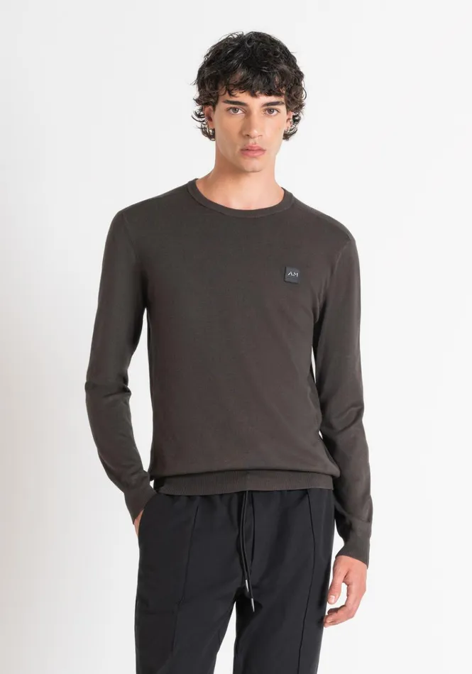Knitwear Men Antony Morato Slim Fit Sweater In Viscose Blend With Rubberised Logo Dark Olive Green