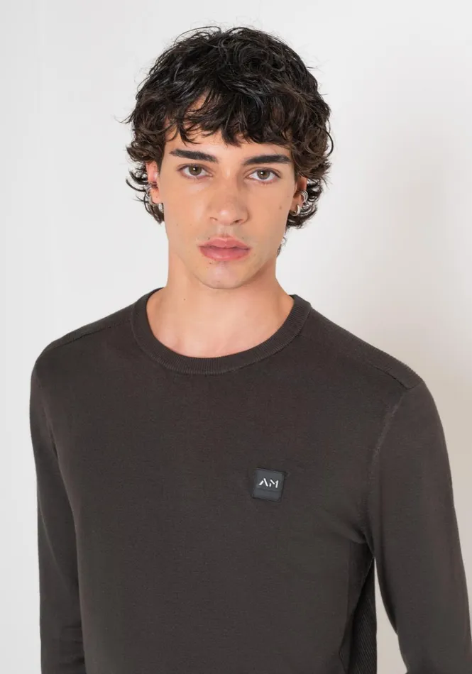 Knitwear Men Antony Morato Slim Fit Sweater In Viscose Blend With Rubberised Logo Dark Olive Green