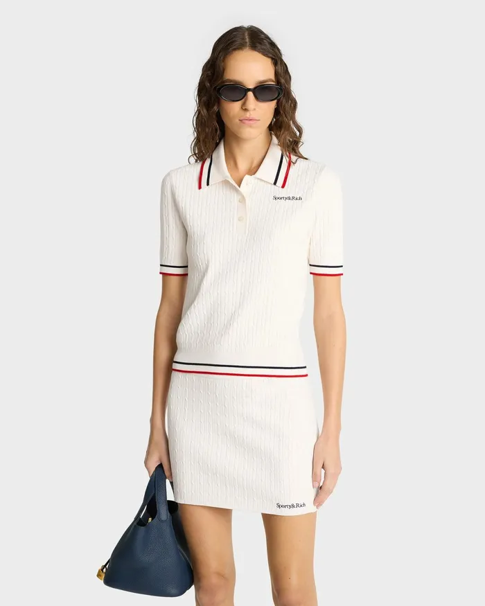 Knitwear Women Sporty and Rich Serif Logo MIni Cable Polo 8211 Off WhiteNavyRed