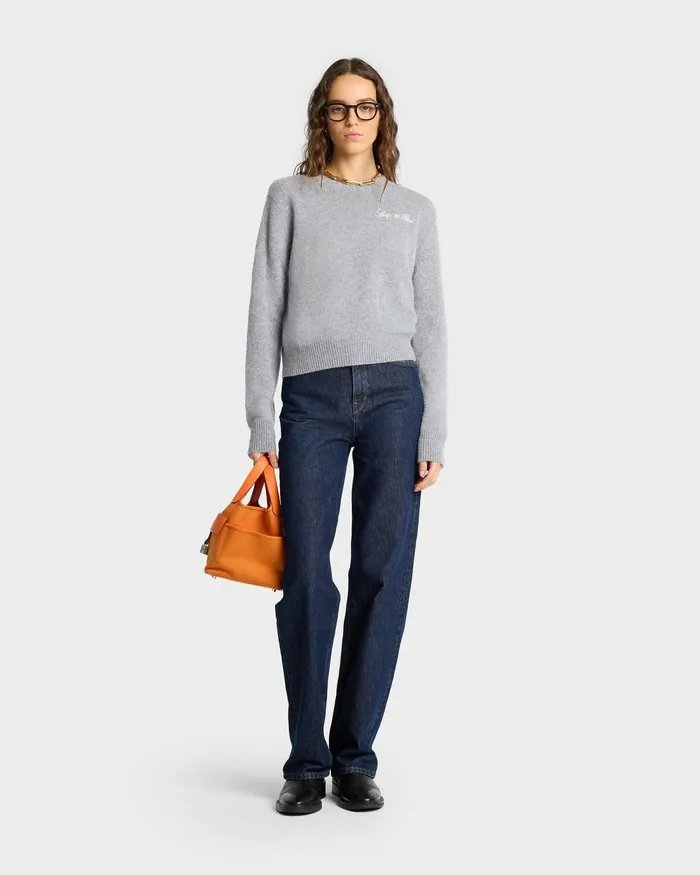Knitwear Women Sporty and Rich Vendome Script Cashmere Crewneck 8211 Heather GrayWhite