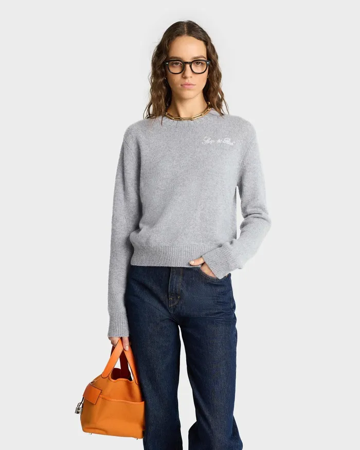 Knitwear Women Sporty and Rich Vendome Script Cashmere Crewneck 8211 Heather GrayWhite