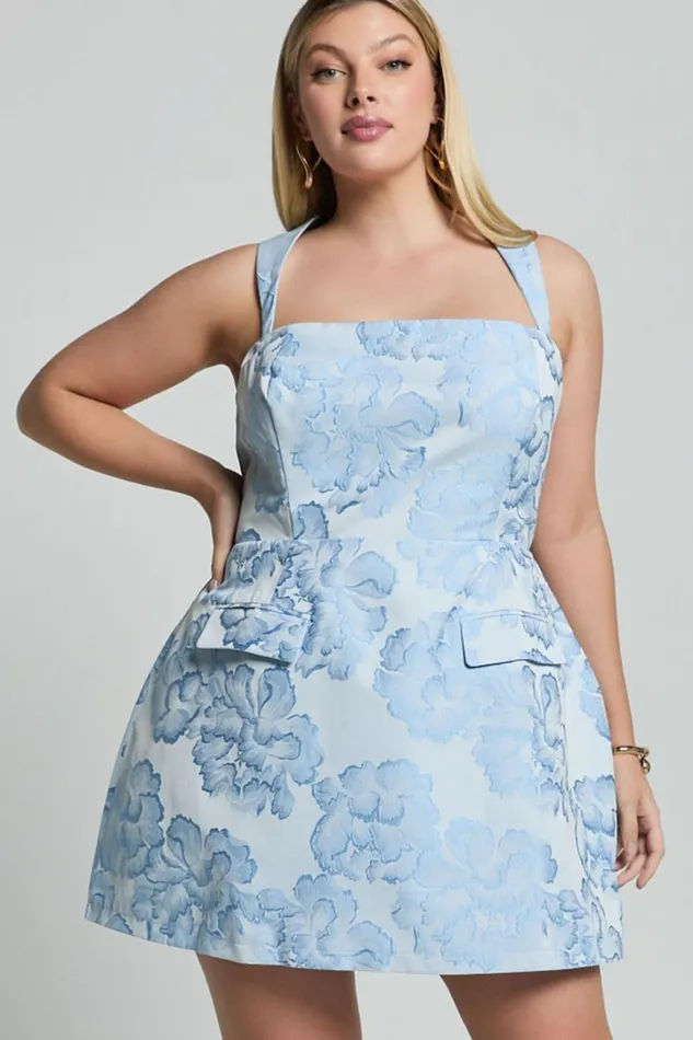 Kyra Mini Dress 8211 Square Neck Open Back Jacquard Mini Dress In Light Blue Women Showpo Dresses
