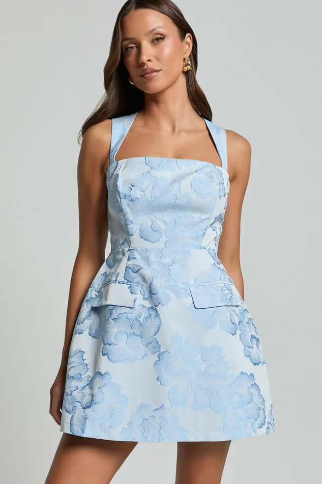 Kyra Mini Dress 8211 Square Neck Open Back Jacquard Mini Dress In Light Blue Women Showpo Dresses