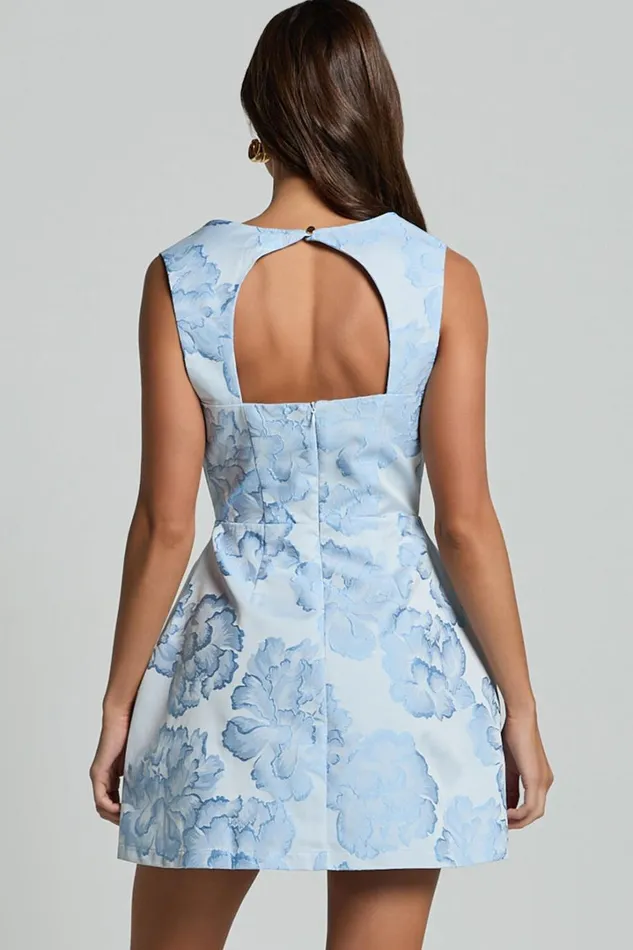 Kyra Mini Dress 8211 Square Neck Open Back Jacquard Mini Dress In Light Blue Women Showpo Dresses