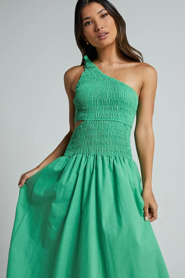 Larose Midi Dress 8211 One Shoulder Tie Side Cut Out Dress Fit And Flare Dress In Green Women Showpo Dresses