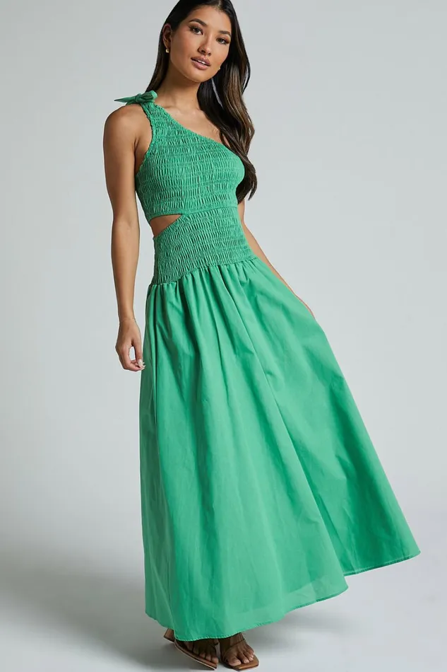 Larose Midi Dress 8211 One Shoulder Tie Side Cut Out Dress Fit And Flare Dress In Green Women Showpo Dresses