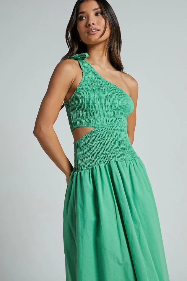 Larose Midi Dress 8211 One Shoulder Tie Side Cut Out Dress Fit And Flare Dress In Green Women Showpo Dresses