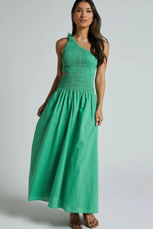 Larose Midi Dress 8211 One Shoulder Tie Side Cut Out Dress Fit And Flare Dress In Green Women Showpo Dresses