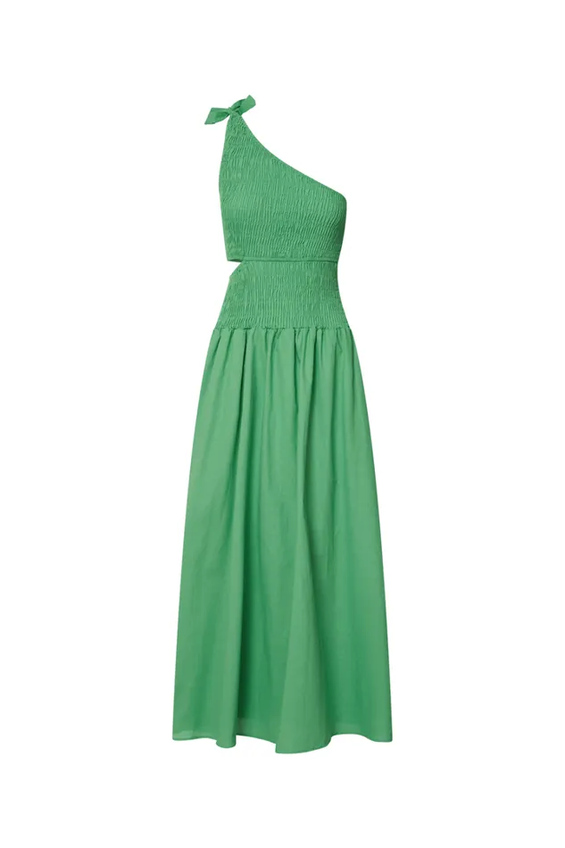 Larose Midi Dress 8211 One Shoulder Tie Side Cut Out Dress Fit And Flare Dress In Green Women Showpo Dresses