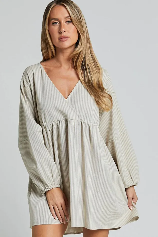 Laurenna Mini Dress 8211 Linen Look V Neck Long Sleeve Back Keyhole Smock Dress In Natural Stripe Women Showpo Dresses Laurenna Mini Dress 8211 Linen Look V Neck Long Sleeve Back Keyhole Smock Dress In Natural Stripe Women Showpo Dresses