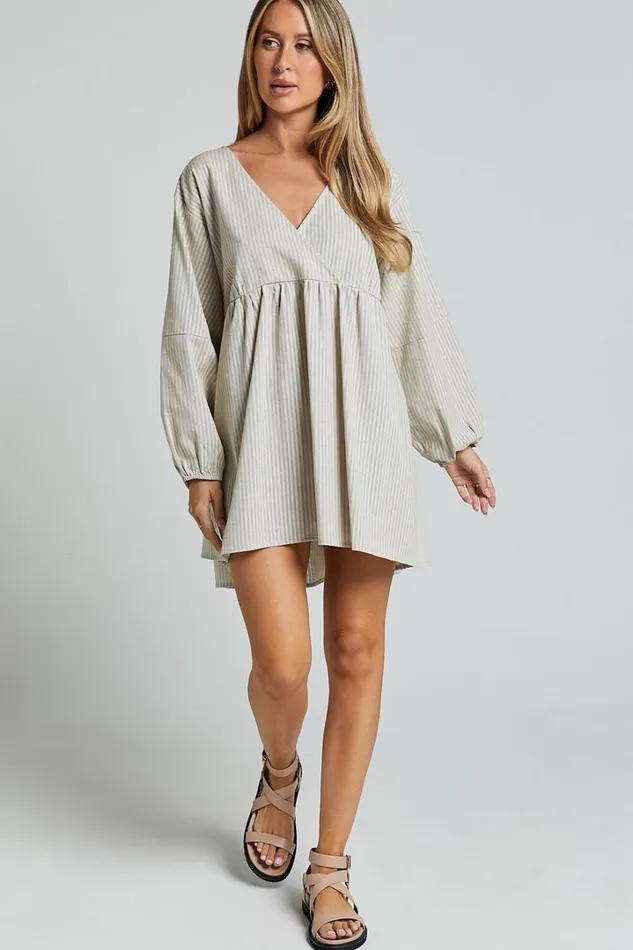 Laurenna Mini Dress 8211 Linen Look V Neck Long Sleeve Back Keyhole Smock Dress In Natural Stripe Women Showpo Dresses