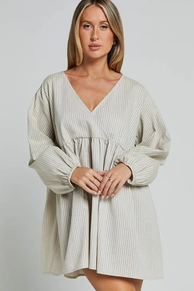 Laurenna Mini Dress 8211 Linen Look V Neck Long Sleeve Back Keyhole Smock Dress In Natural Stripe Women Showpo Dresses