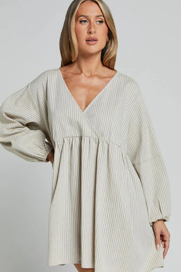 Laurenna Mini Dress 8211 Linen Look V Neck Long Sleeve Back Keyhole Smock Dress In Natural Stripe Women Showpo Dresses