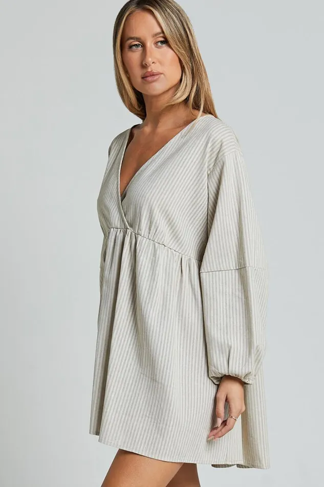 Laurenna Mini Dress 8211 Linen Look V Neck Long Sleeve Back Keyhole Smock Dress In Natural Stripe Women Showpo Dresses