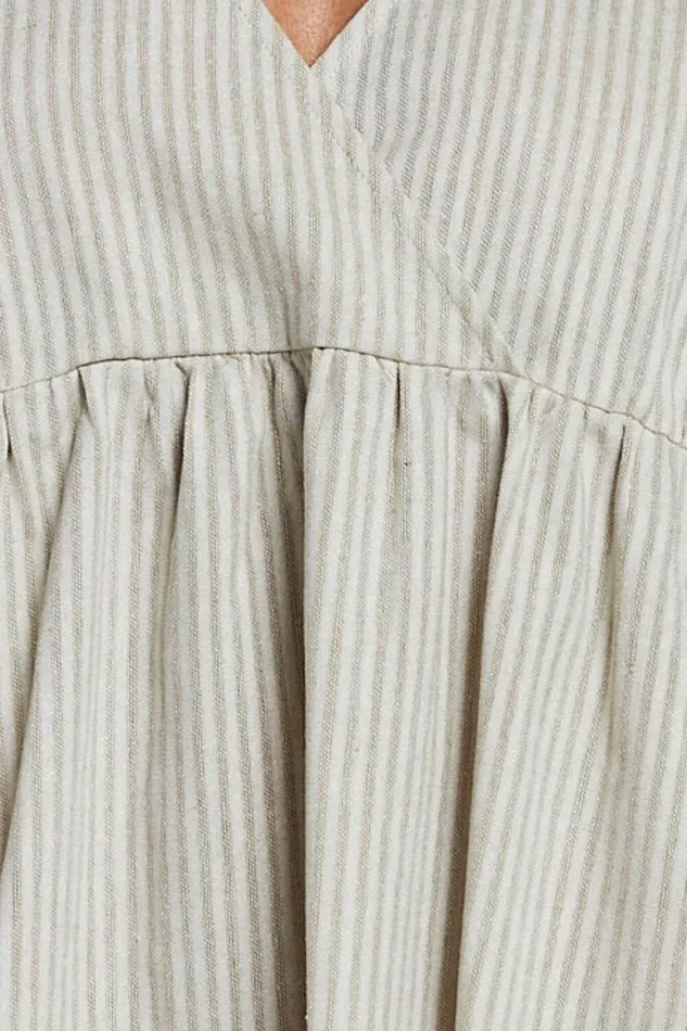 Laurenna Mini Dress 8211 Linen Look V Neck Long Sleeve Back Keyhole Smock Dress In Natural Stripe Women Showpo Dresses