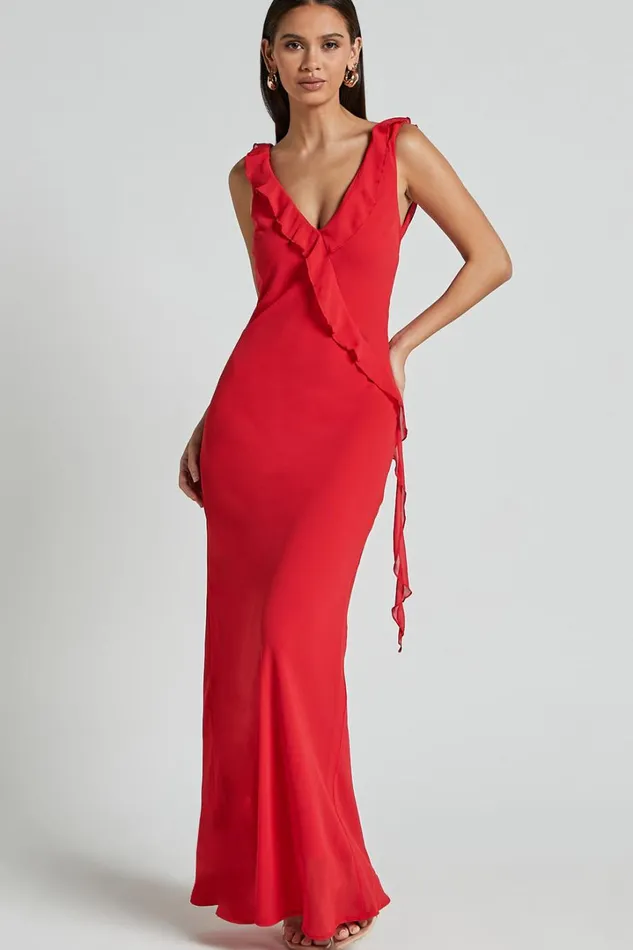 Laurie Midi Dress 8211 Plunge Frill Detail Slip Dress In Red Women Showpo Dresses