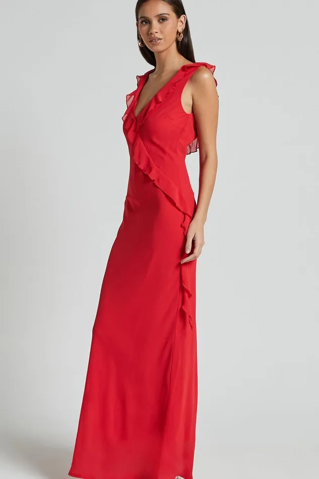 Laurie Midi Dress 8211 Plunge Frill Detail Slip Dress In Red Women Showpo Dresses