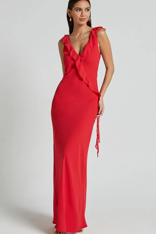Laurie Midi Dress 8211 Plunge Frill Detail Slip Dress In Red Women Showpo Dresses