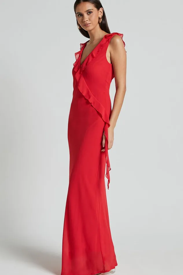Laurie Midi Dress 8211 Plunge Frill Detail Slip Dress In Red Women Showpo Dresses