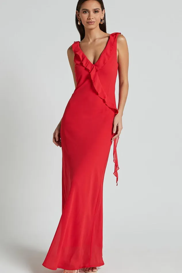 Laurie Midi Dress 8211 Plunge Frill Detail Slip Dress In Red Women Showpo Dresses