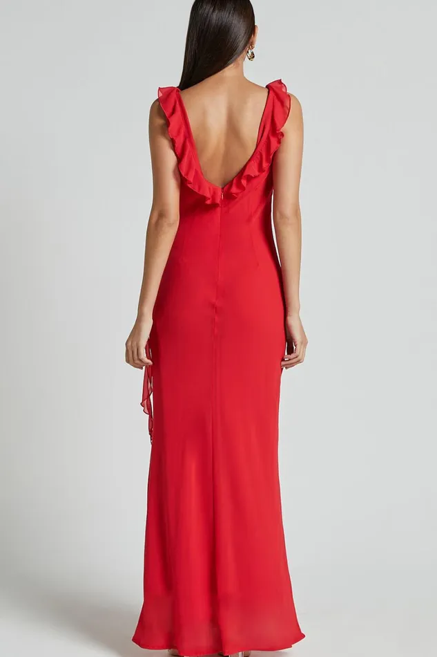 Laurie Midi Dress 8211 Plunge Frill Detail Slip Dress In Red Women Showpo Dresses