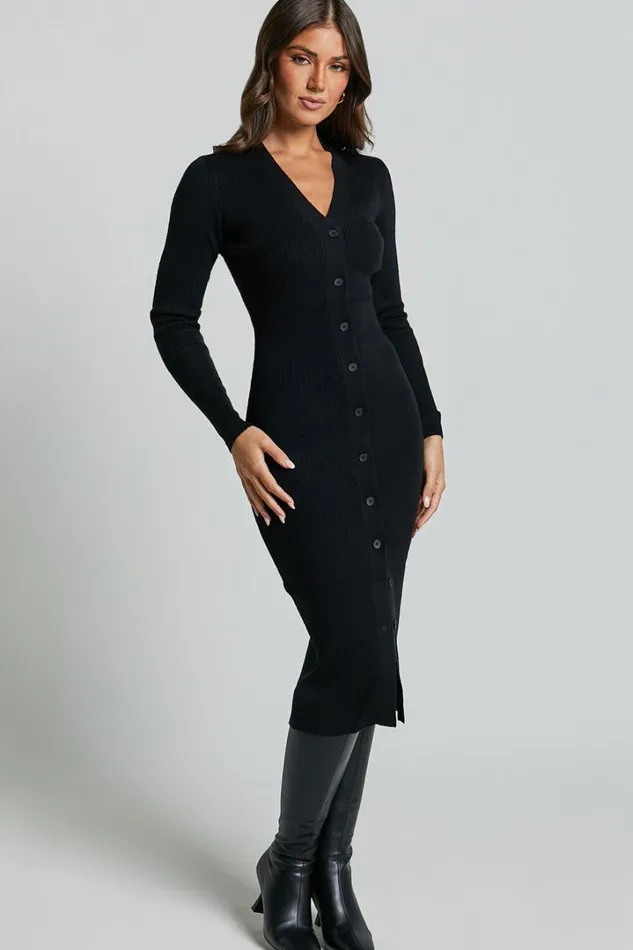 Leahanna Midi Dress 8211 Button Front Knit Dress In Black Women Showpo Knitwear