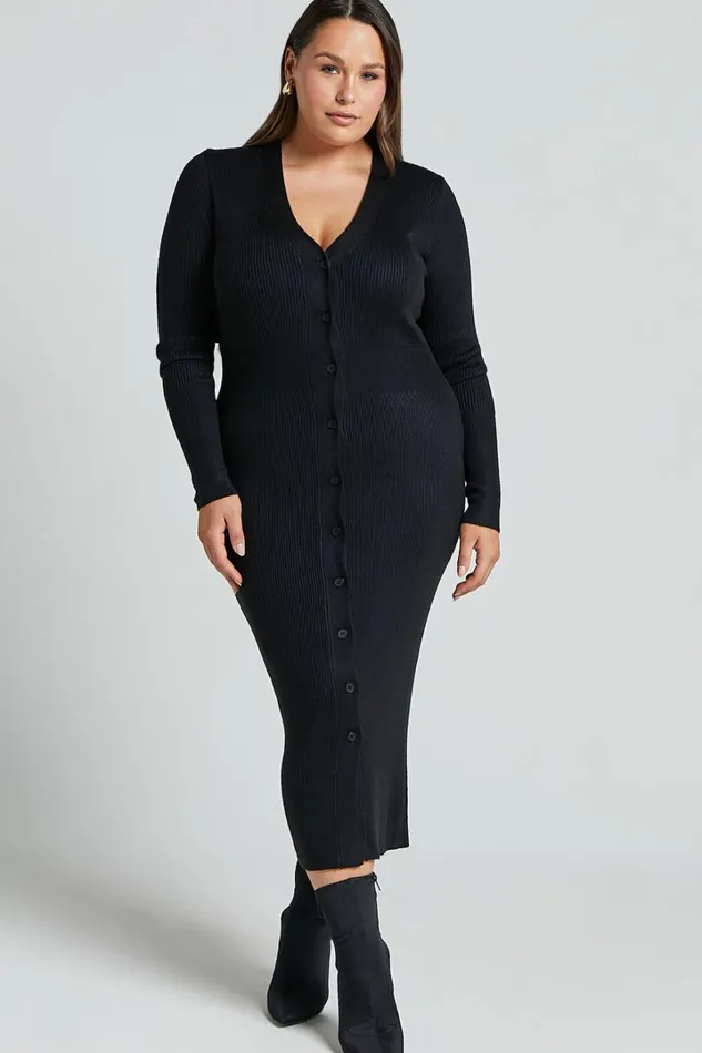 Leahanna Midi Dress 8211 Button Front Knit Dress In Black Women Showpo Knitwear