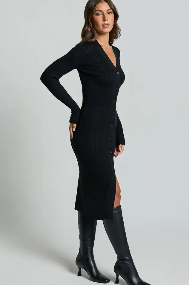 Leahanna Midi Dress 8211 Button Front Knit Dress In Black Women Showpo Knitwear