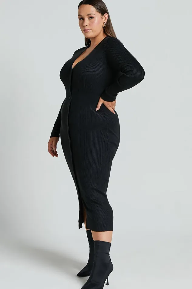 Leahanna Midi Dress 8211 Button Front Knit Dress In Black Women Showpo Knitwear