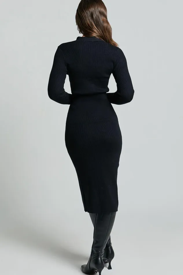 Leahanna Midi Dress 8211 Button Front Knit Dress In Black Women Showpo Knitwear