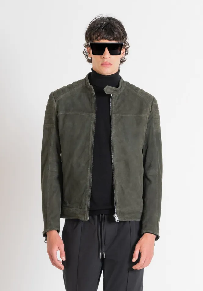 Leather Coats Men Antony Morato Slim Fit Biker Jacket In SuedeEffect Genuine Leather Dark Olive Green
