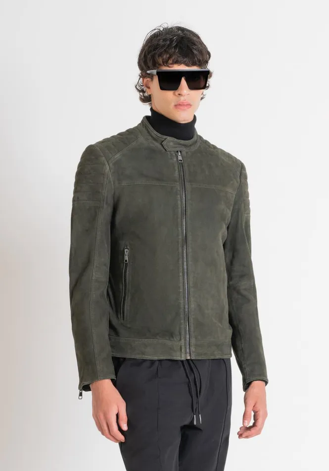 Leather Coats Men Antony Morato Slim Fit Biker Jacket In SuedeEffect Genuine Leather Dark Olive Green