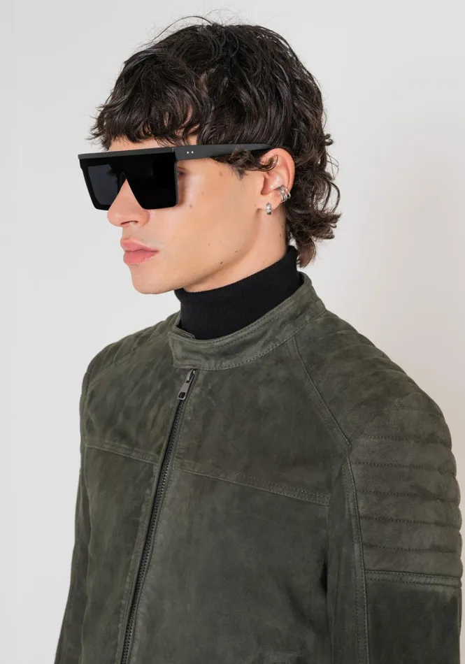 Leather Coats Men Antony Morato Slim Fit Biker Jacket In SuedeEffect Genuine Leather Dark Olive Green