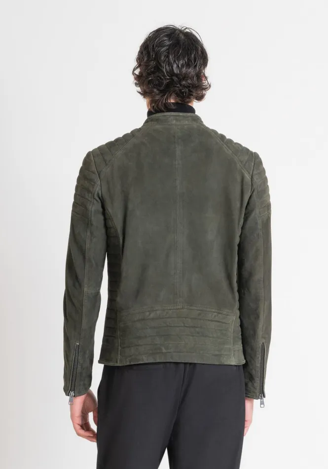 Leather Coats Men Antony Morato Slim Fit Biker Jacket In SuedeEffect Genuine Leather Dark Olive Green
