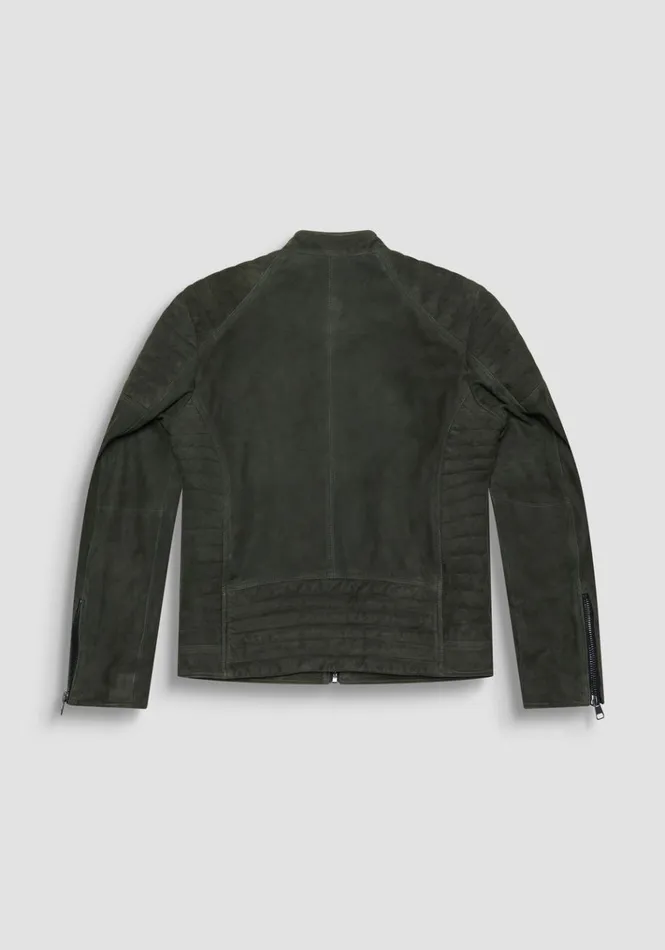 Leather Coats Men Antony Morato Slim Fit Biker Jacket In SuedeEffect Genuine Leather Dark Olive Green
