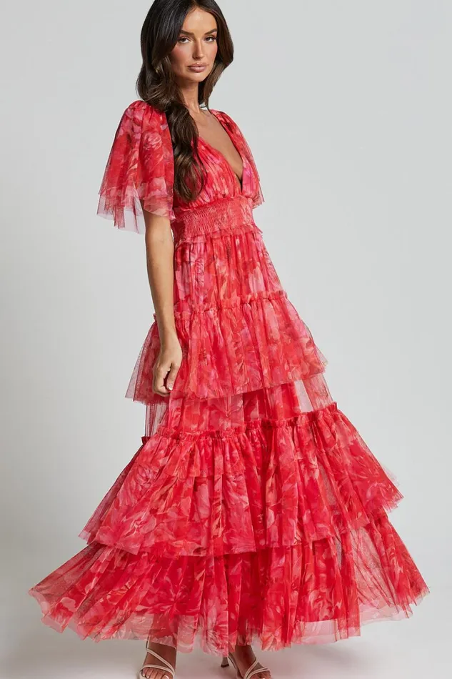 Leianna Midi Dress 8211 Tulle Flutter Sleeve Tiered Ruffle Dress In Sunset Floral Women Showpo Dresses Leianna Midi Dress 8211 Tulle Flutter Sleeve Tiered Ruffle Dress In Sunset Floral Women Showpo Dresses