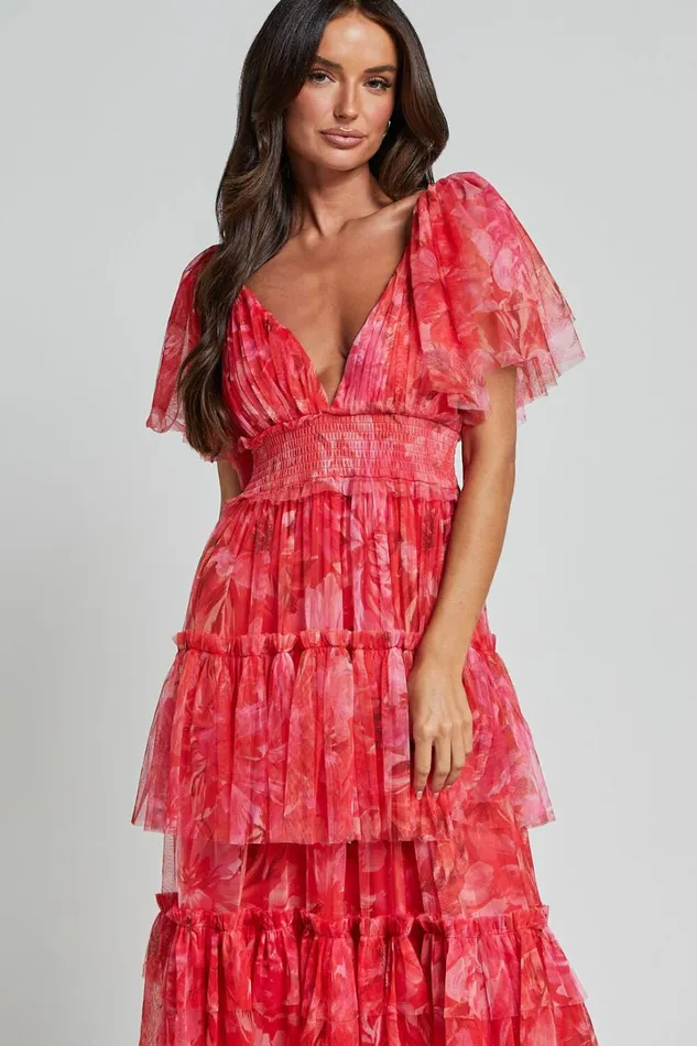 Leianna Midi Dress 8211 Tulle Flutter Sleeve Tiered Ruffle Dress In Sunset Floral Women Showpo Dresses