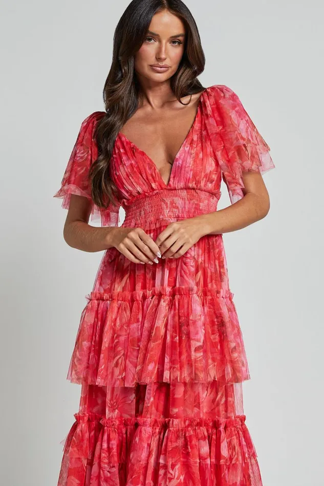 Leianna Midi Dress 8211 Tulle Flutter Sleeve Tiered Ruffle Dress In Sunset Floral Women Showpo Dresses