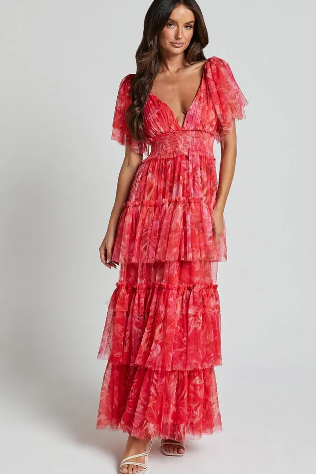 Leianna Midi Dress 8211 Tulle Flutter Sleeve Tiered Ruffle Dress In Sunset Floral Women Showpo Dresses