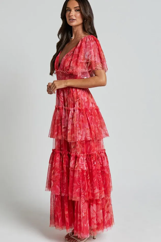 Leianna Midi Dress 8211 Tulle Flutter Sleeve Tiered Ruffle Dress In Sunset Floral Women Showpo Dresses