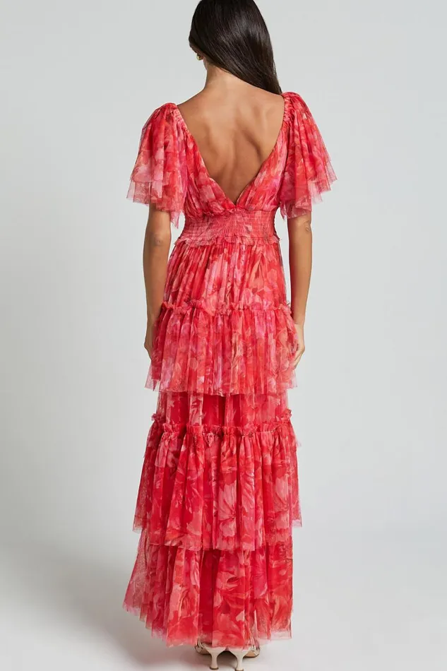 Leianna Midi Dress 8211 Tulle Flutter Sleeve Tiered Ruffle Dress In Sunset Floral Women Showpo Dresses